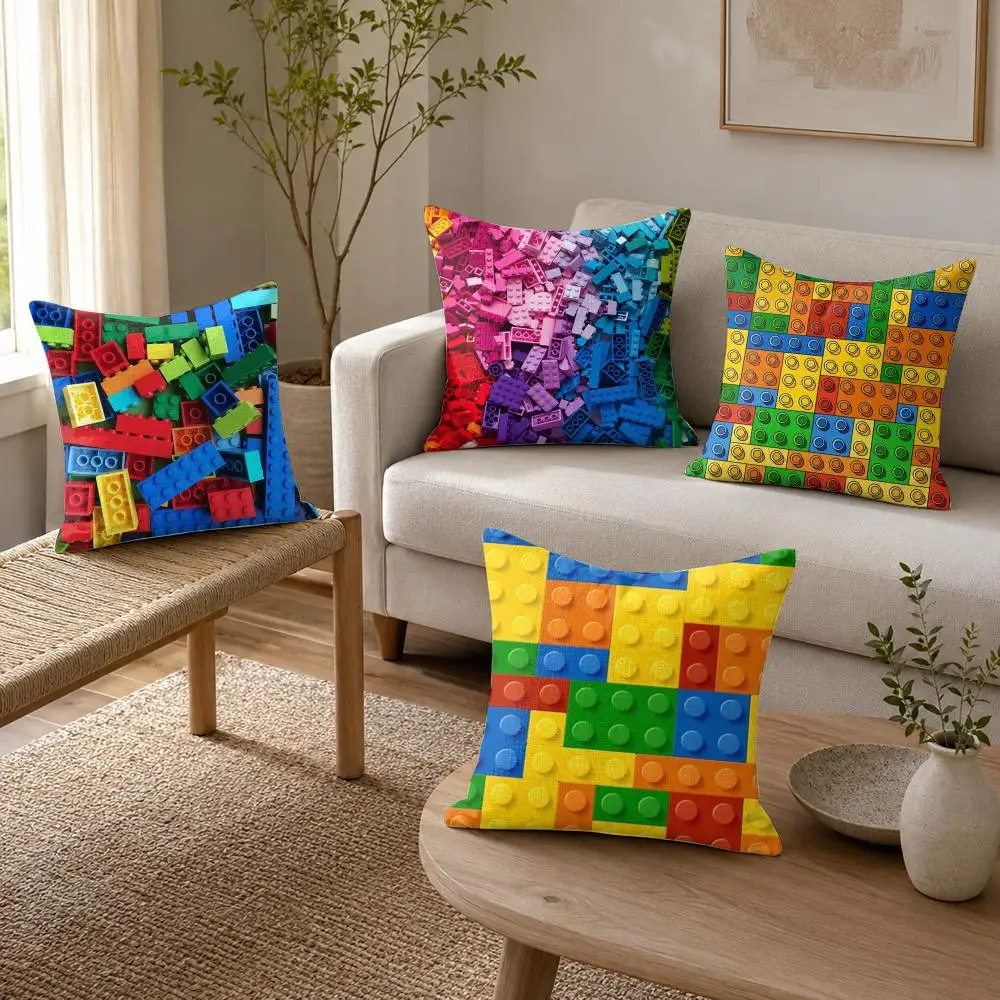 Building Blocks Deco Cushion Cover Organic Linen Throw Pillow Cover - Double-Sided Print Breathable Cushion Case Home Decor