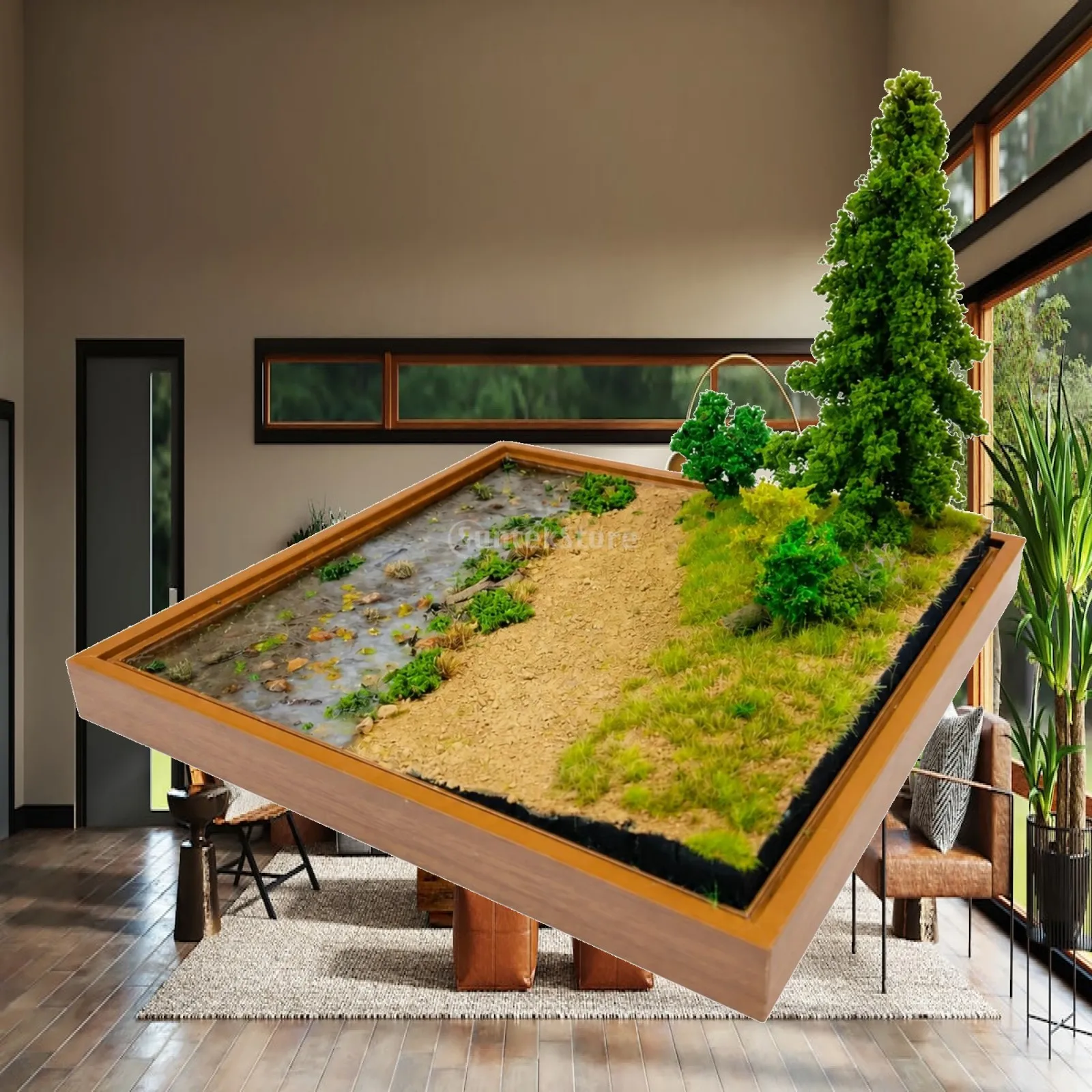 Finished Stream Wilderness Diorama Resin River Scene Display 22cm Square Base with Trees Grass for Office Desk Table Decor