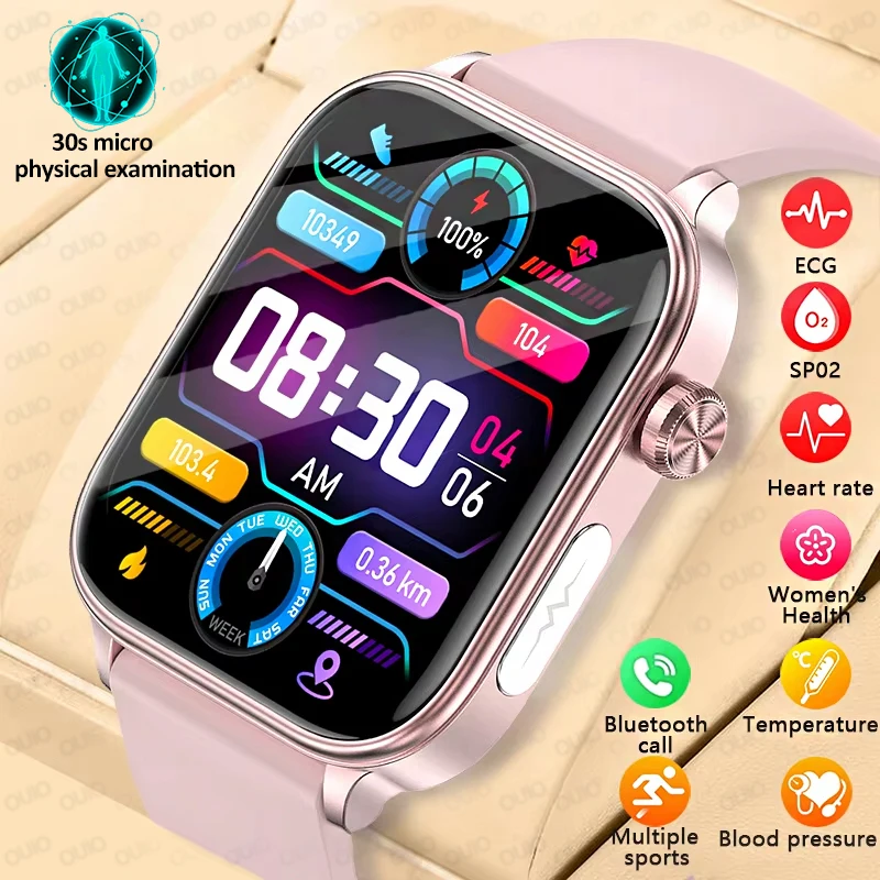 

ECG Smart Watch Blood Pressure Micro Physical Examination Heart Rate Women's Health Temperature IP68 Sports BT Call Smart Watch