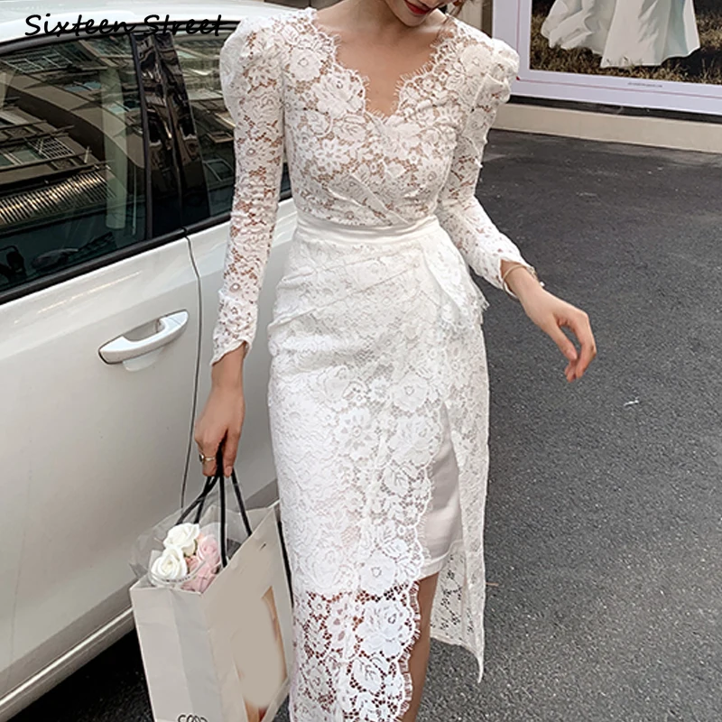 White Lace Split Dress Women Vintage 2023 V-neck Long Sleeve Hook Flower Hollow Party Dresses Women Clothing Runway Chic Vestido