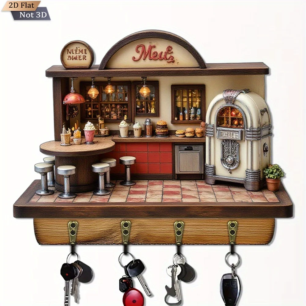 2D Flat, 1pc, Vintage American-Style Restaurant Key Hanger. Wooden Multi-Purpose Home Key Hanger with Four Metal Hooks,