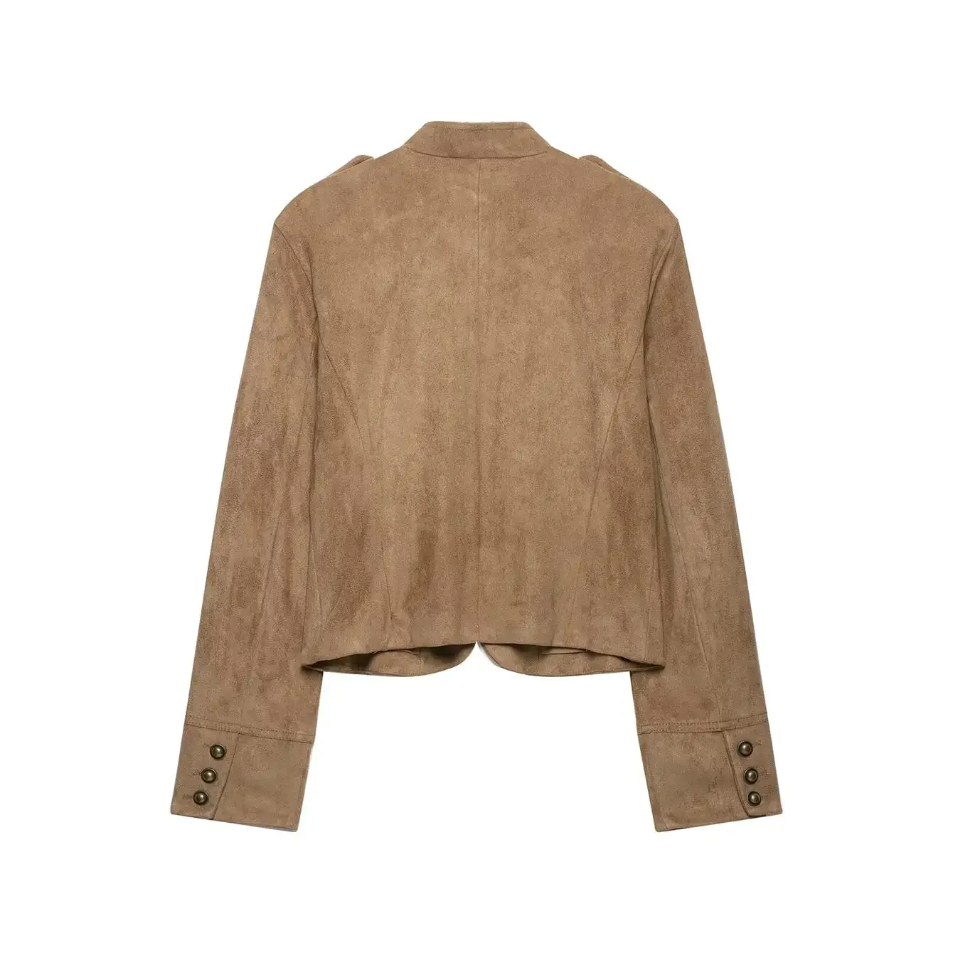 Neu eingetroffene Damen-Slim-Jacke mit Stehkragen, doppelreihigem Verschluss, Metallknopf-Verzierung, Reißverschluss vorne, kurz geschnittene Oberbekleidung, Herbstmode für Damen. – Detail 3