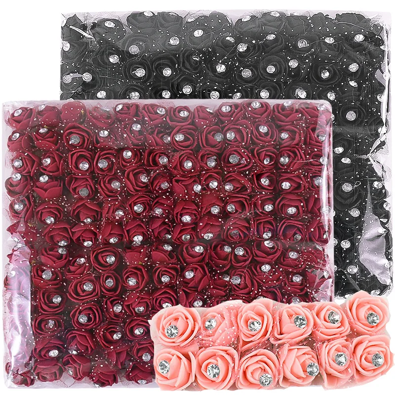 144pcs Mini Artificial Flowers Head With Rhinestone Foam Teddy Bear Roses Bouquet For Wedding Home Decor Christmas Wreath Gifts