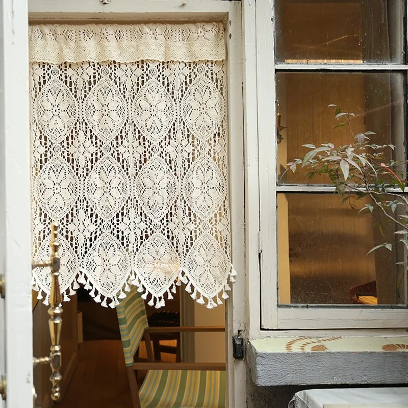 American Country Style Semi-Curtain Cotton Thread Tassel Adhesive Door Curtain Rod Compatible High Privacy Light Filtering