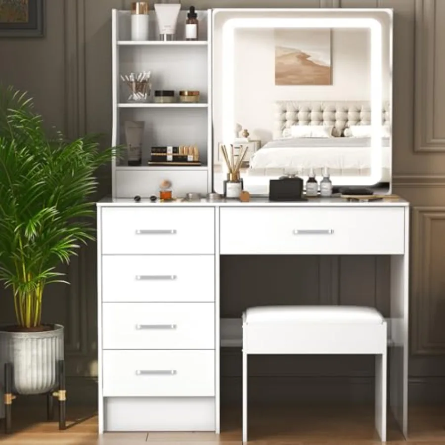 Premium Vanity Desk with Mirror and LED Lights White Makeup Vanity with 6 Drawers 6 Shelves 1 Chair Led Vanity 3 Modes Adjustab
