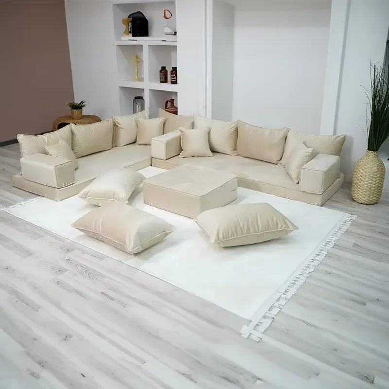 for Beige Velvet Corner Floor Sofa Custom ODM Moroccan Seat Living Room Decoration Wholesale Factory Direct Sample Available