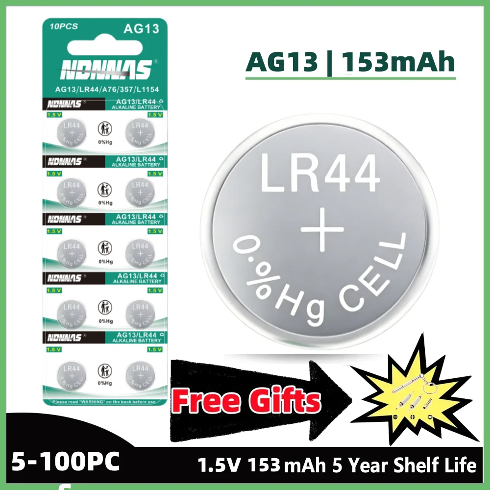 

5-100Pcs AG13 LR44 SR44SW 1.5V 153 mAh Alkaline Coin Cell Battery For Watch Car Key Fob Remote Clock Mini Electronic Device