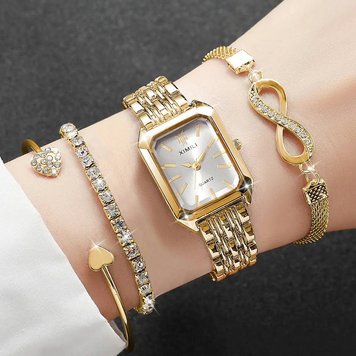 4PCS Fashion Rectangle Women Watches Luxury Stainless Steel Band Ladies Quartz Watch Rhinestone Bracelets Set Reloj Mujer