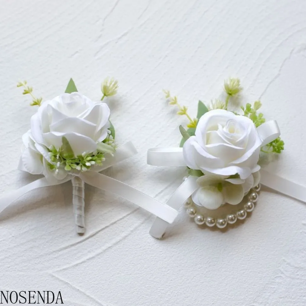 

Ivory Rose Wrist Corsage Wristlet Band Bracelet and Men Boutonniere Set for White Wedding Flower Accessories Prom Suit Decor
