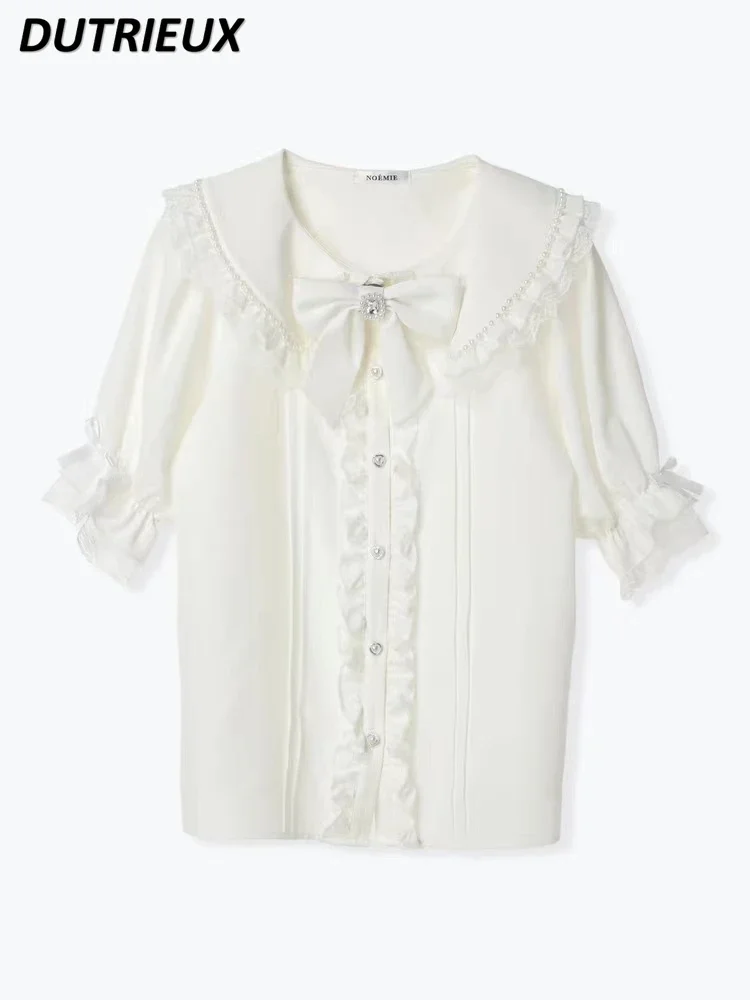 Japanese Original New Mine Women's Kawaii Lace Bow Short-Sleeved White Shirt Summer Doll Collar Sweet Cute Girls Wild Tops