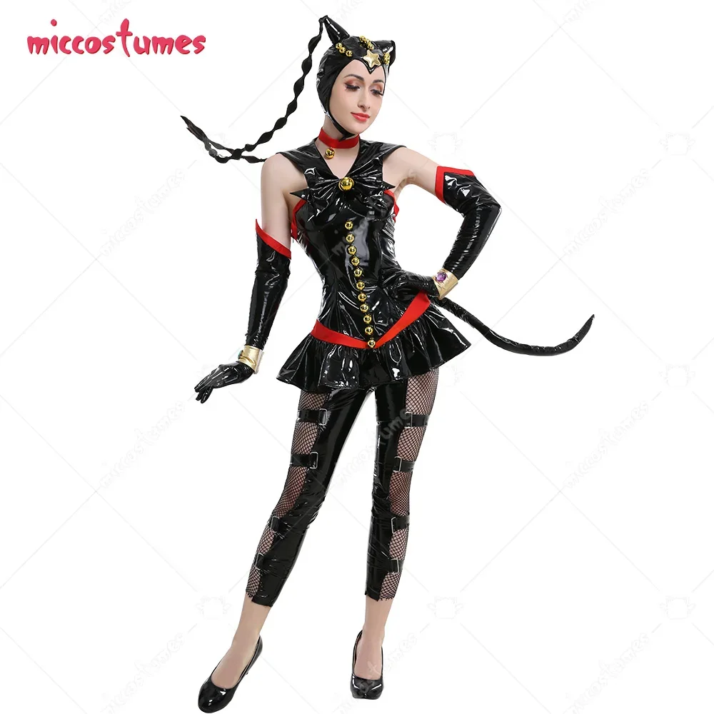 

Women's Black Leather Dress Bodysuit Outfit Cosplay Costume with Headpiece and Net Pantyhose