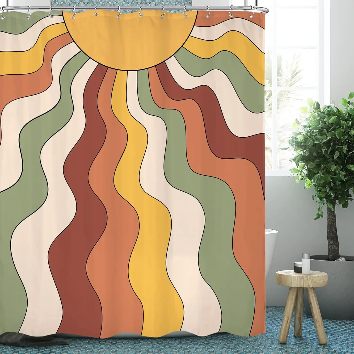70s Groovy Retro Sun Rainbow Shower Curtain, Boho Funky Wave Aesthetic Waterproof Bathroom Decor Curtain With 12 Hooks