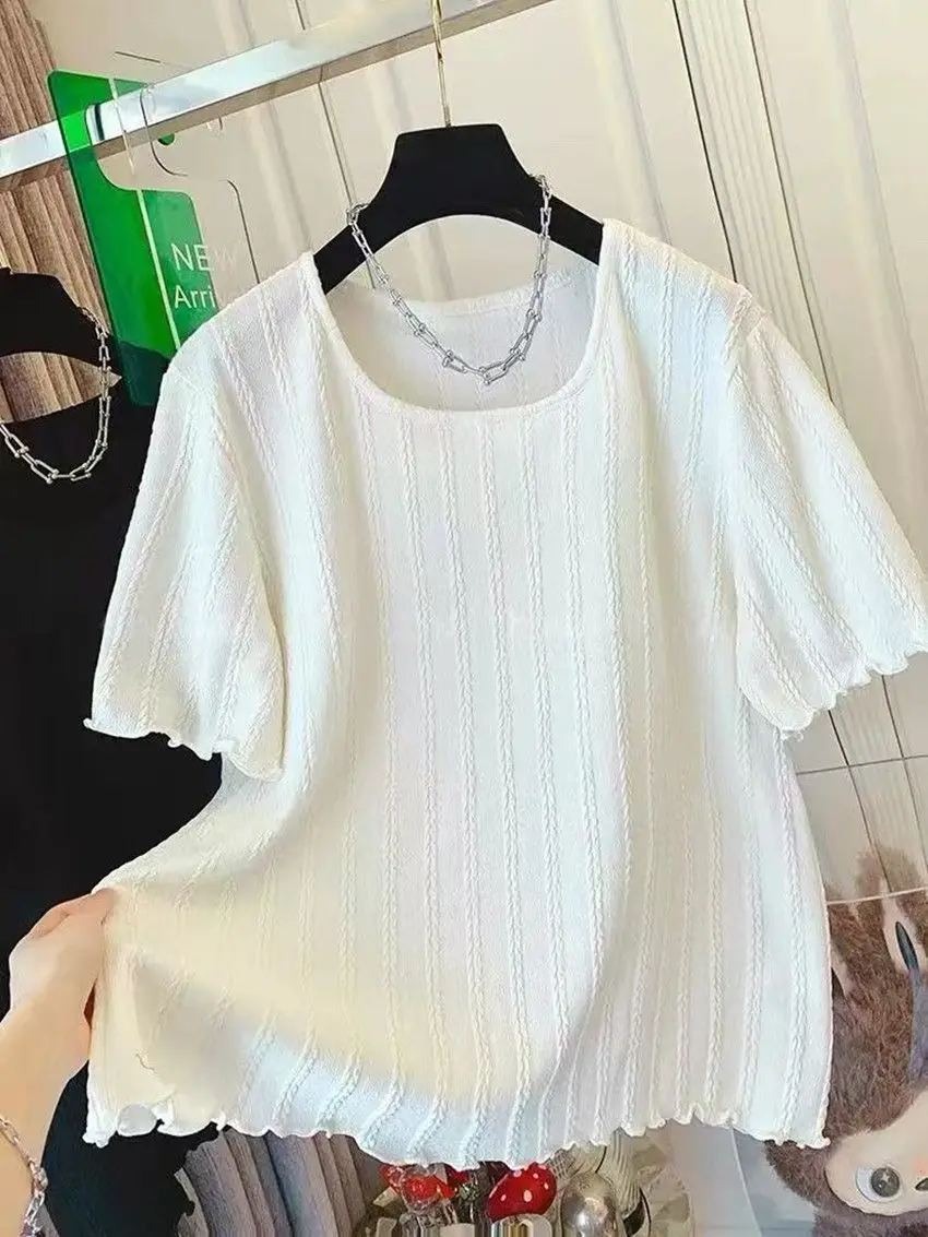 

plus Size Women's T-Shirt Summer Style Short Sleeve Striped Loose Fit Casual round Neck Korean Version Big Dot Pattern