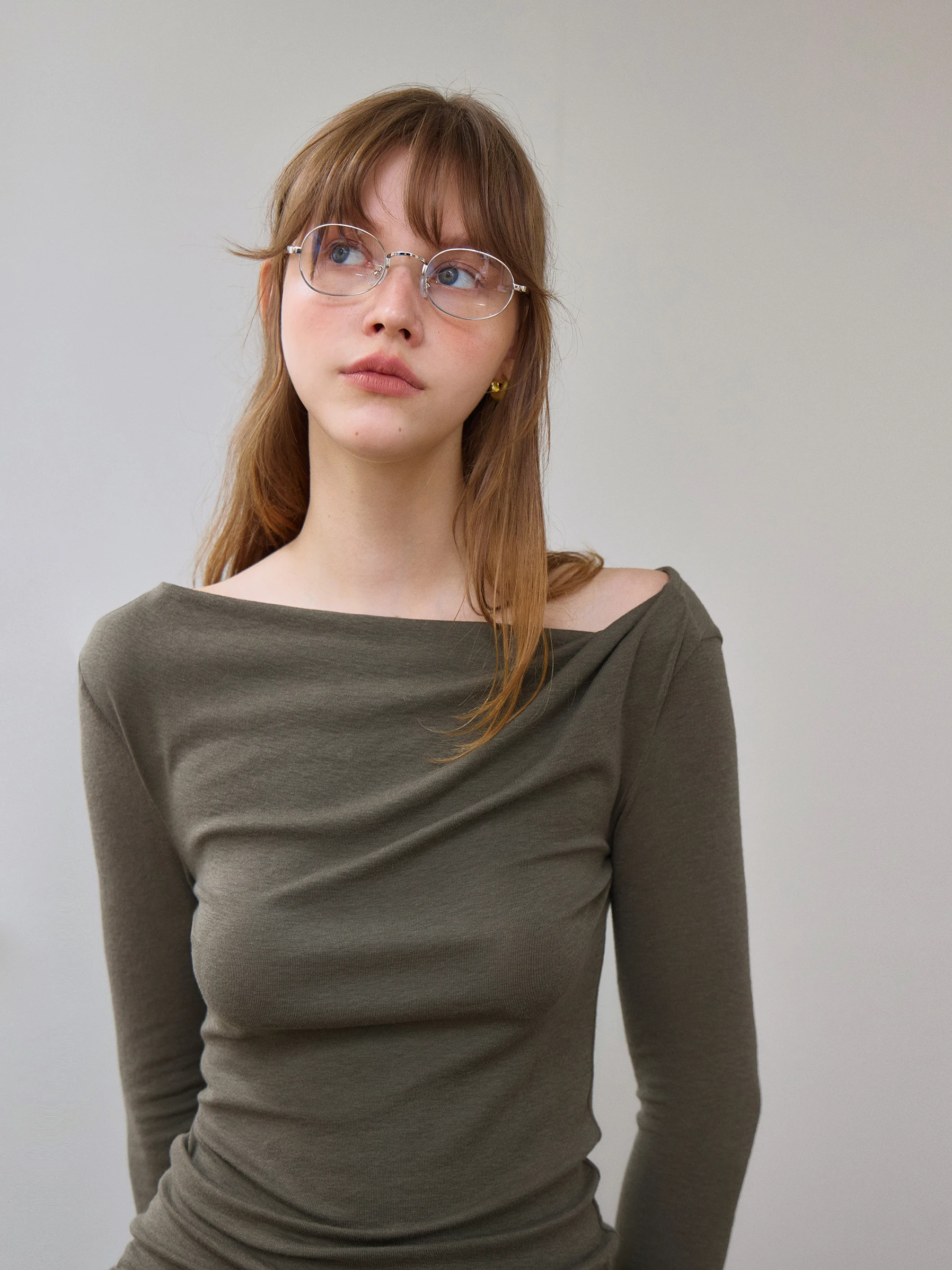 Elegant Long Sleeve Women's T-shirt Xumooxii Rylee Wool Blend Shoulder Bared One-Shoulder Base Shirt for Autumn