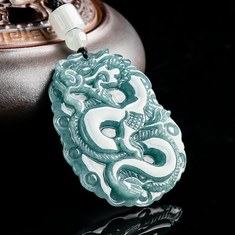 Natural A-grade Jade Blue Faucet Sign Zodiac Dragon Prosperous Business Attracting Wealth Pendant Ice Jadeite Men's Women's