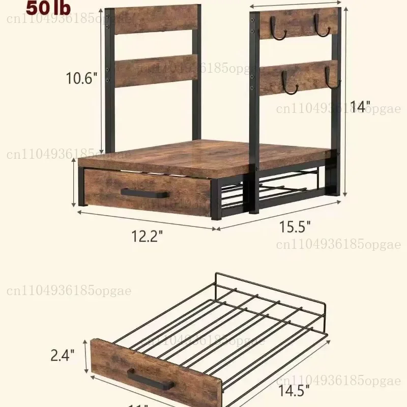 Wooden Coffee Machine Storage Rack Bar American Style Iron-Wood Combination Storage Rack with Drawers and Cup Holder