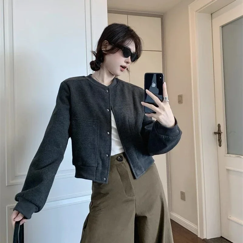 2026 Fall Winter Khaki Wool Blend Varsity Jacket Women Short Cropped Bomber Elegant Petite Casual Coat
