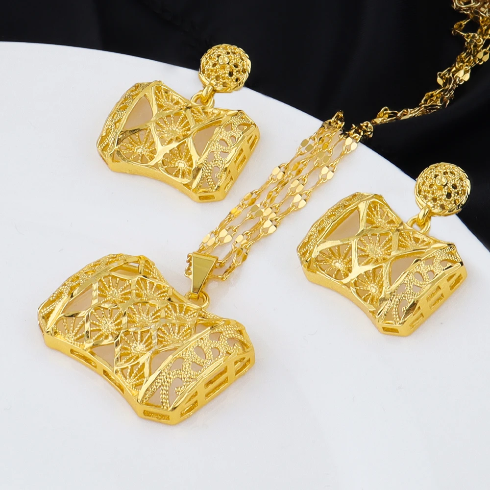 

Indian Dubai Luxury Irregular 24k Gold Color Necklace Earrings Jewelry Set Daily Wear Wedding Anniversary Gifts