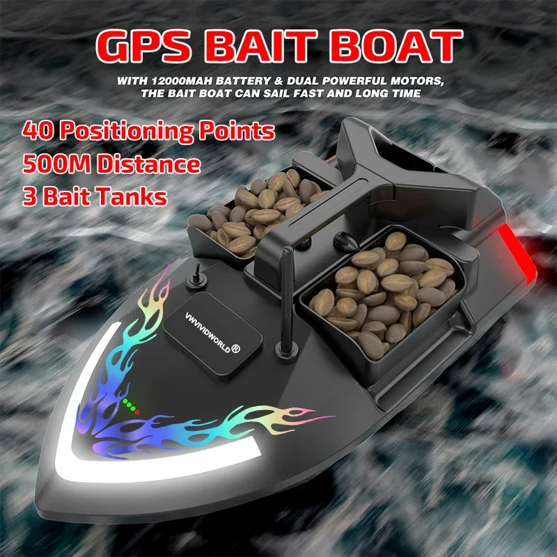 VWVIVIDWORLD ,2024New,24000mAh,40GPS ,RC Fishing Bait Boat,2KG Loading ,500M ,Night Light ,Cruise/Return/Route Correction