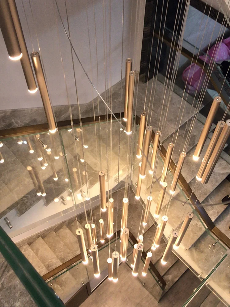 Led Luxury Staircase Chandelier Gold Column Long Lamp Duplex Building Modern Living Room Chandelier Villa Penthouse Chandelier
