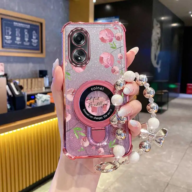 Strap Glitter Rosa Blumen Telefon Halter Fall Für Oppo A38 A36 A76 A58 A57 A74 A78 A5 A7 2020 A79 A95 A60 A18 A53 A17 A16 4G 5G