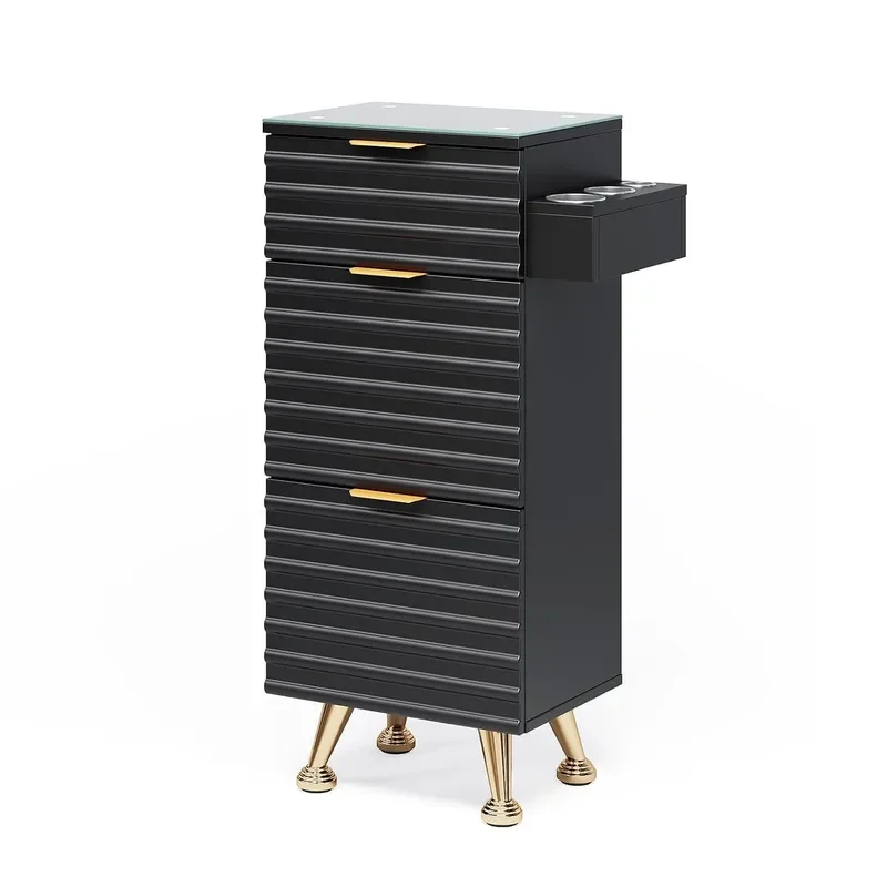 Professional Salon Station with Tempered Glass Top 3 Drawers Hair Stylist Barber Storage Cabinet with Heat Resistant Tool