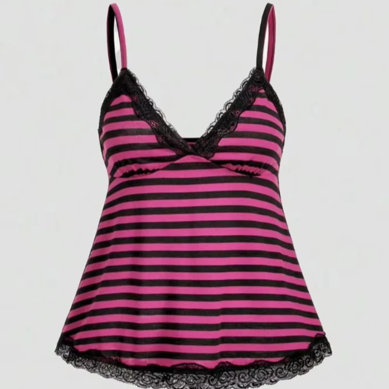 French Temperament Gentle Gothic Lace Stitching Thin Shoulder Strap Vest Y2k Aesthetic Sweet Lovely Slim Striped Cut Top Woman