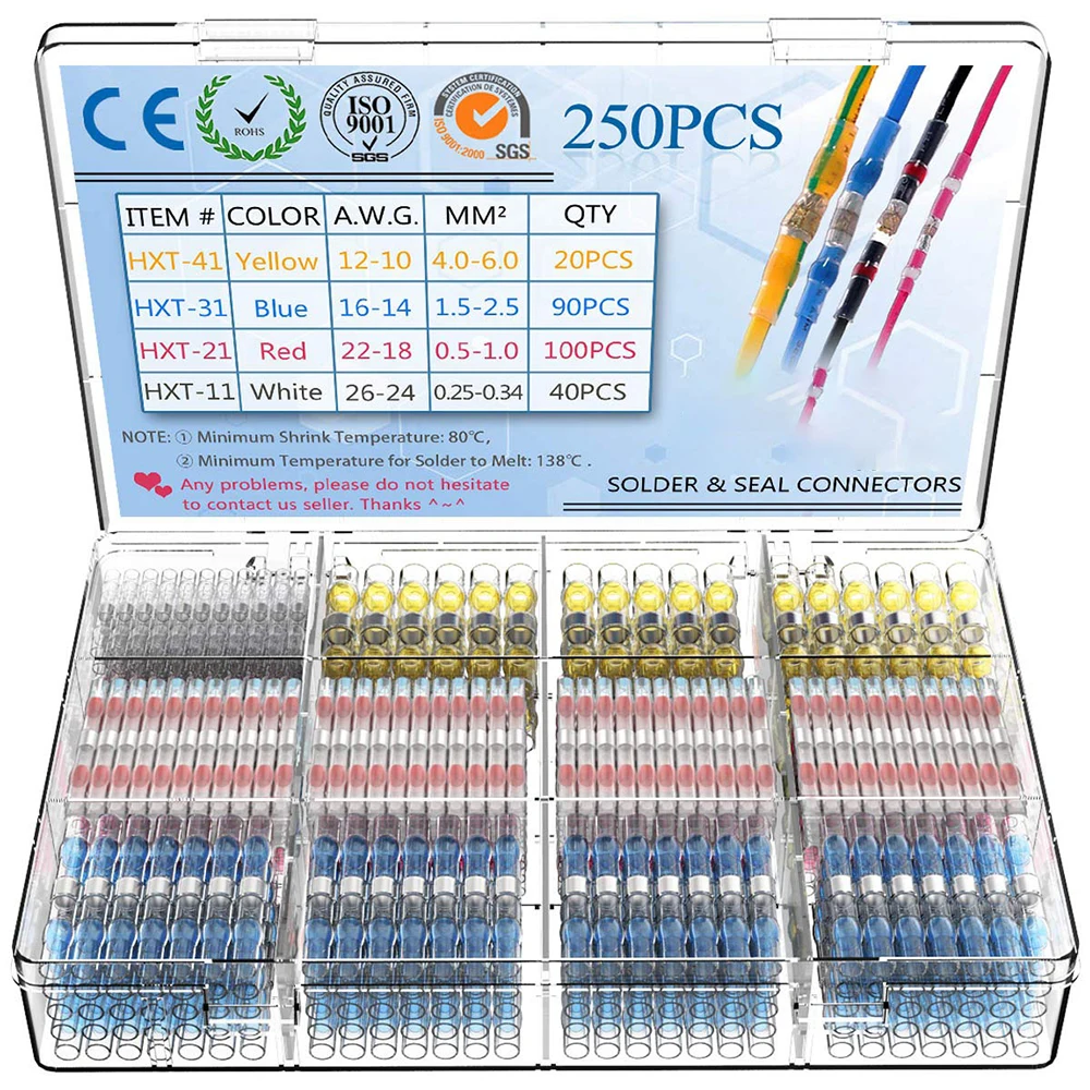 250/100Pcs Solder Seal Wire Connectors - Heat Shrink Solder Butt Connectors - Solder Connector Kit - Automotive Marine Insulated