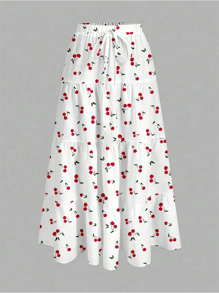 

Women's Casual Cherry Print Tiered Maxi Skirt, Drawstring Elastic Waist Design, Loose Flowy Long Skirt for All-Match
