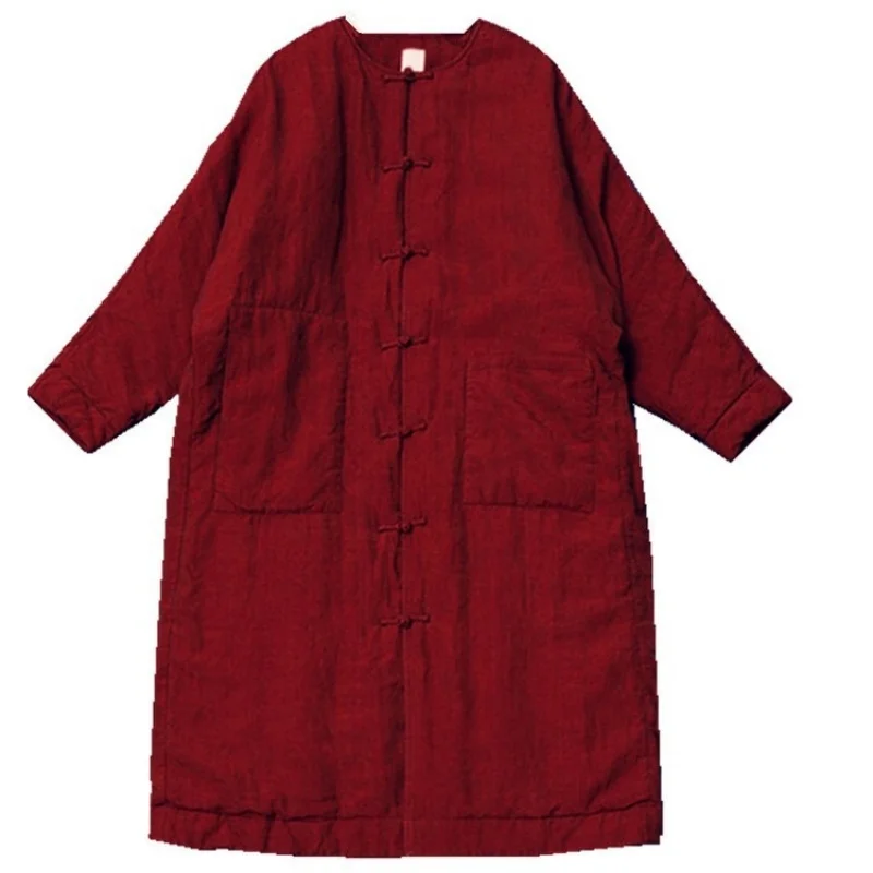 

Chinese Style Red O-neck Long Cardigan Women Winter New Double Pocket Thick Coat Linen Single Breasted warmful Outwear