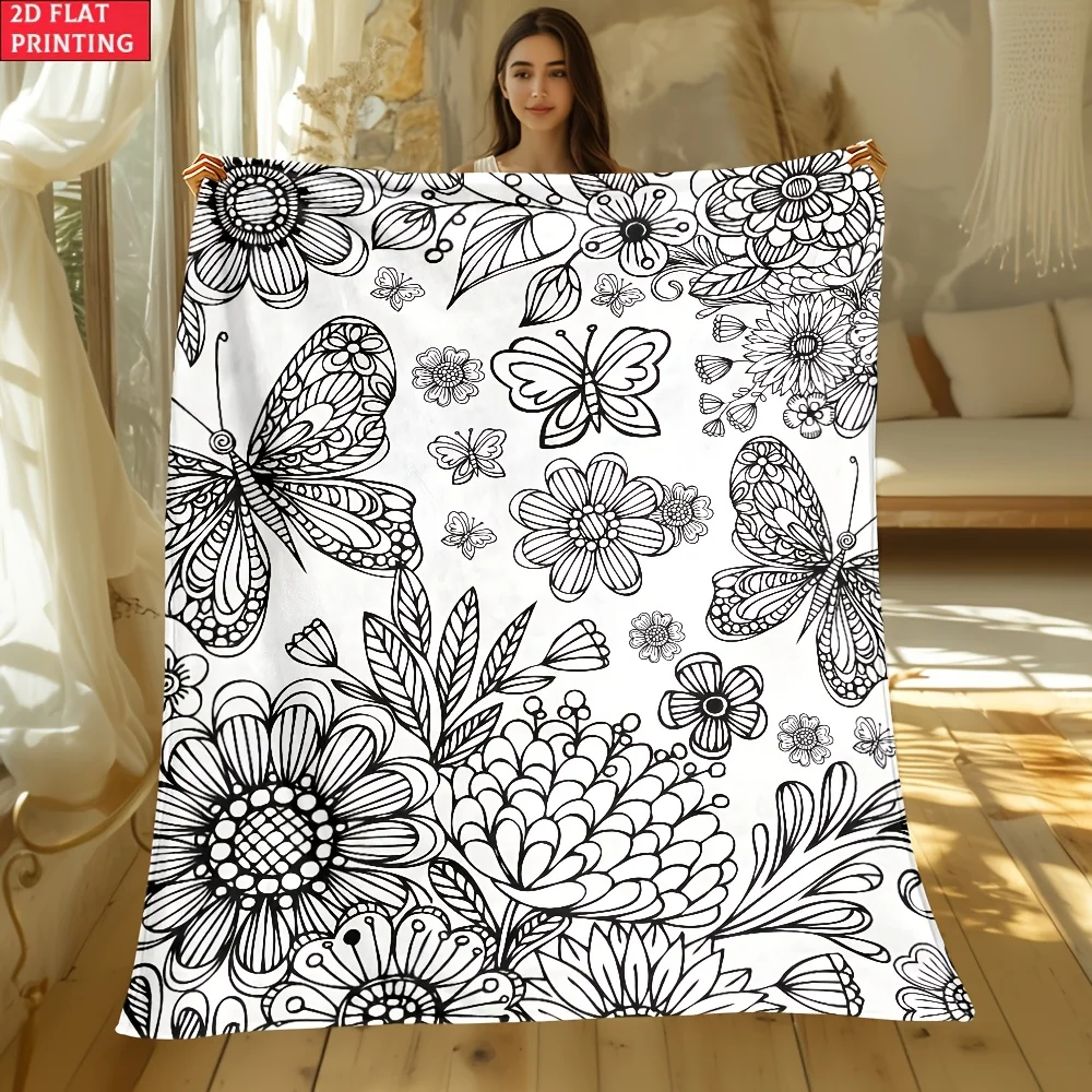 Butterfly Flower DIY Coloring Printed Flannel Blanket Warm Soft Cozy Throw Blanket Couch Bed Living Room Decor