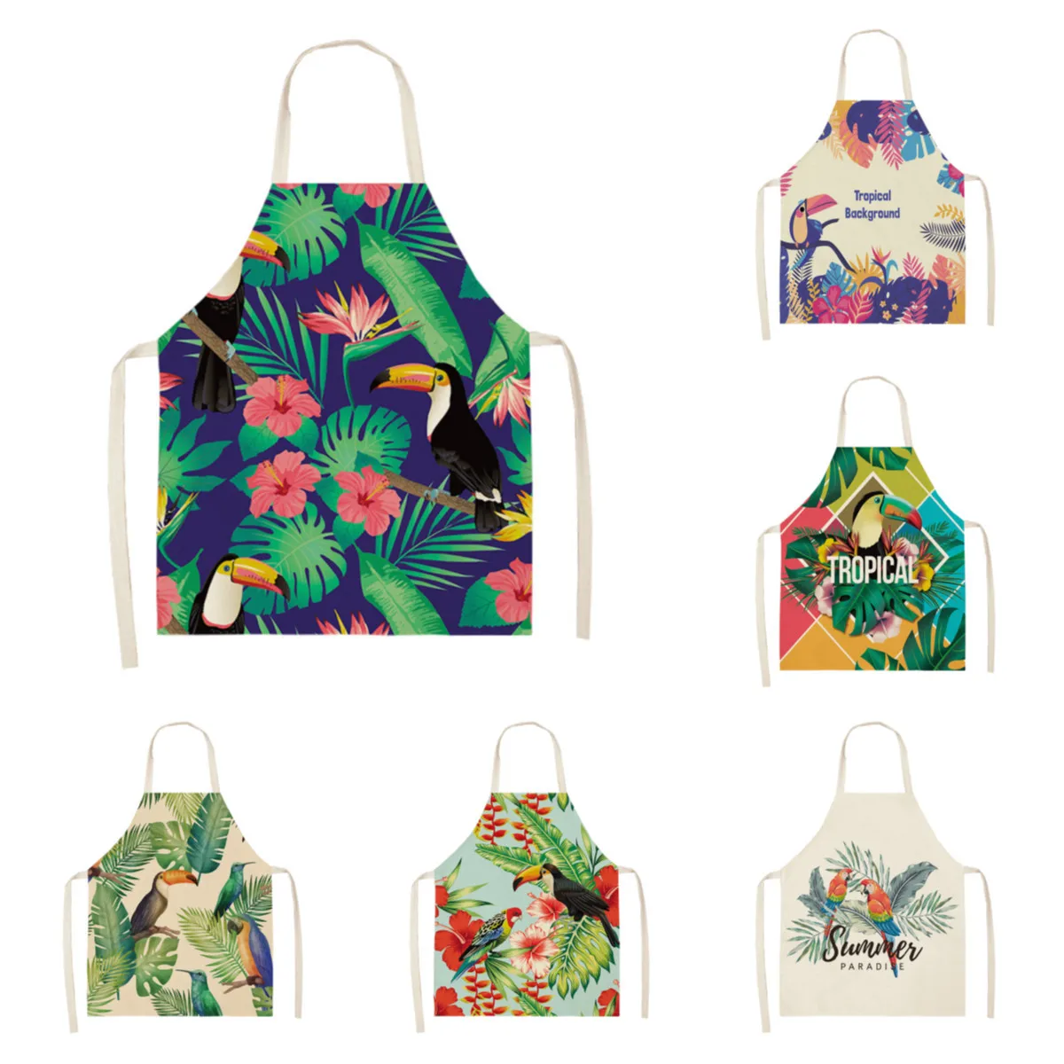 Color Bird Pattern Cleaning Art Green Aprons Home Cooking Kitchen Apron Cook Wear Cotton Linen Adult Bibs garden apron 68x55cm
