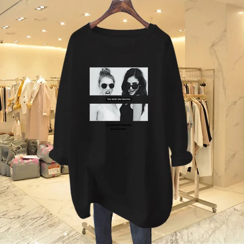 Women Clothing Fashion Long Sleeve Round Neck T-shirt Spring Autumn Pure Cotton Printing Top Tee Lady Casual Loose Pullover