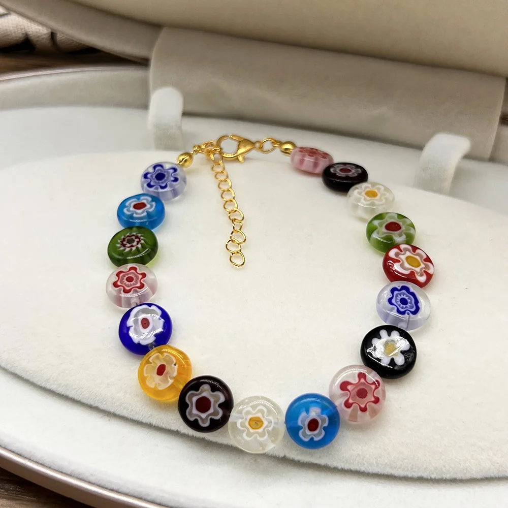 2pcs Ins Dopamine Color Millefiori Glass Bead Bracelet Multi Color Floral Beads Adjustable Charm Bracelet For Ladies Gift