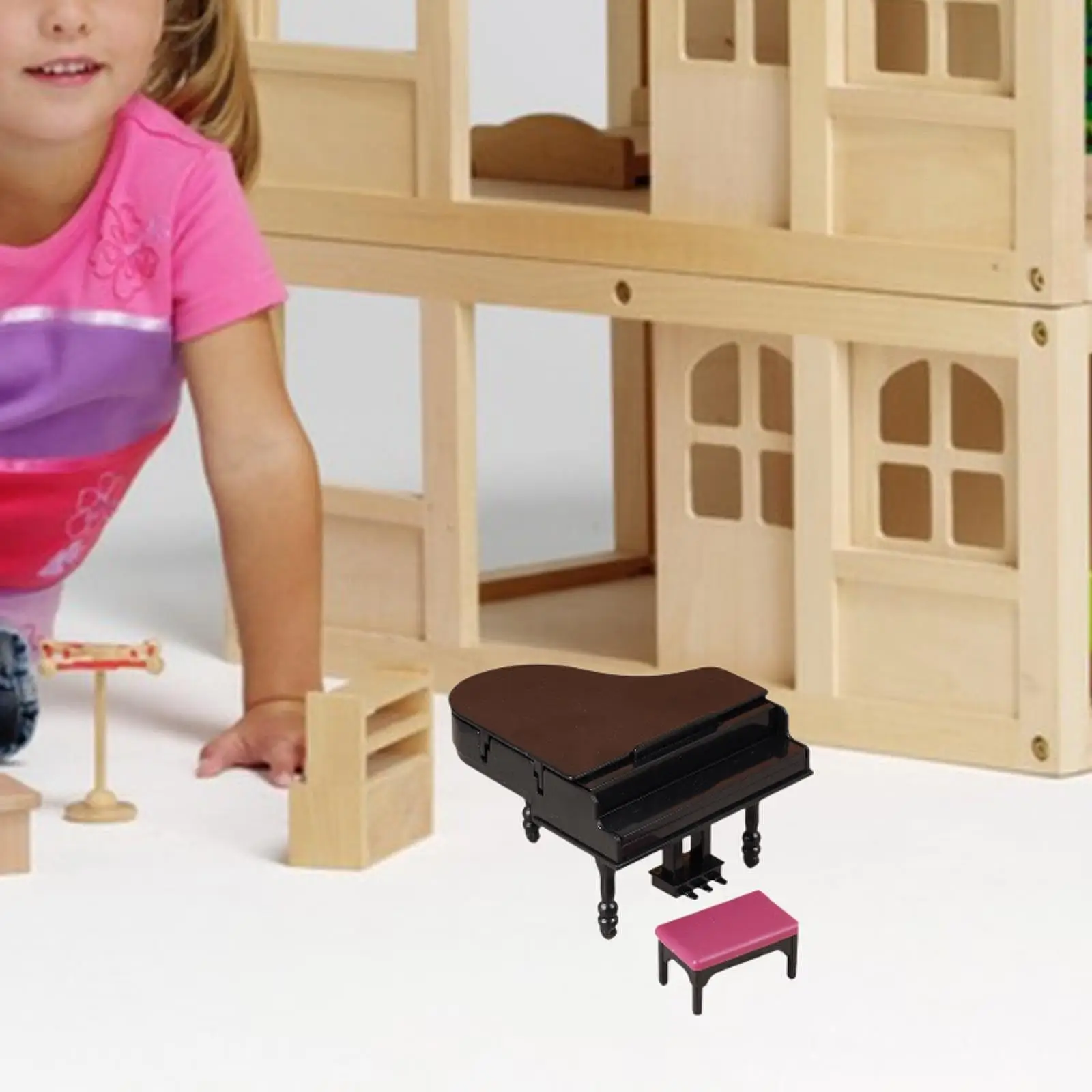 1:12 Scale Dollhouse Mini Piano with Stool Scenery Supplies Accessory Mini Furniture Toy for Bedroom Home Music Room Playhouse