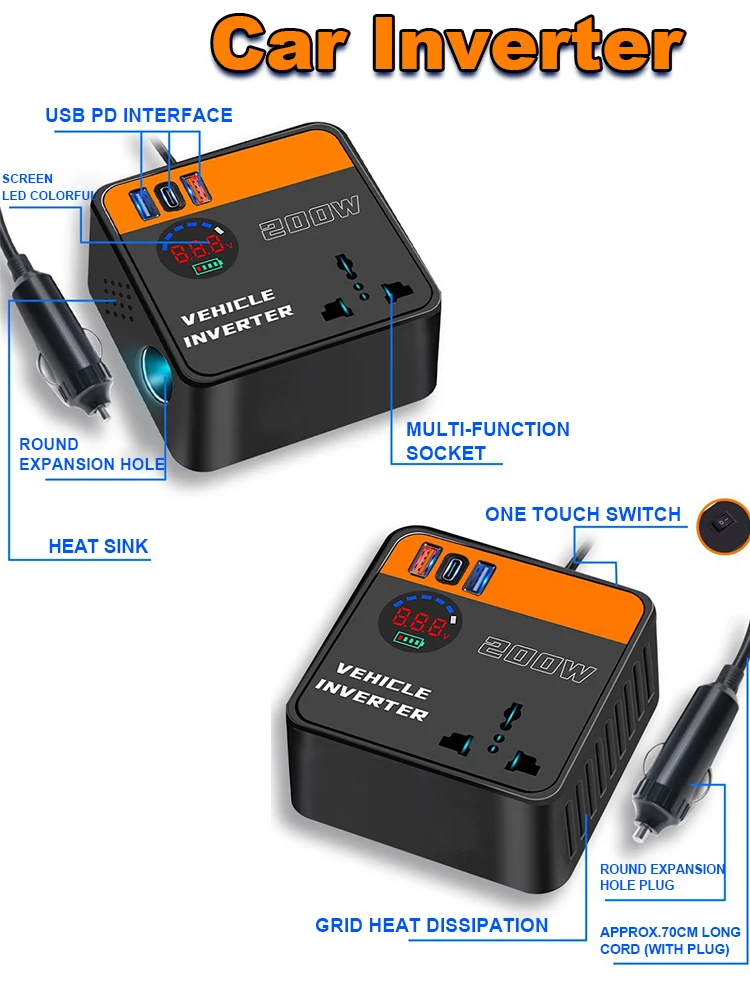 200W Peak Car Inverter DC12V/24V to DC110V/220V with LED Display Fast Charging Power Inverter Adapters for Vehicles 150W