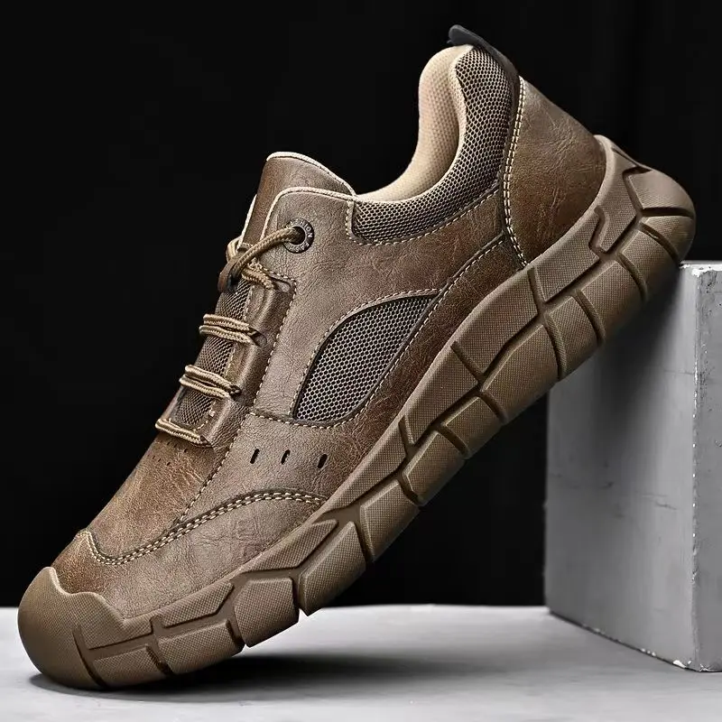 

Men's Spring Autumn New Leather Outdoor Climbing Shoes Big Size Soft Sole Non Slip Round Toe Lace Up Hiking Shoes Sports Shoes