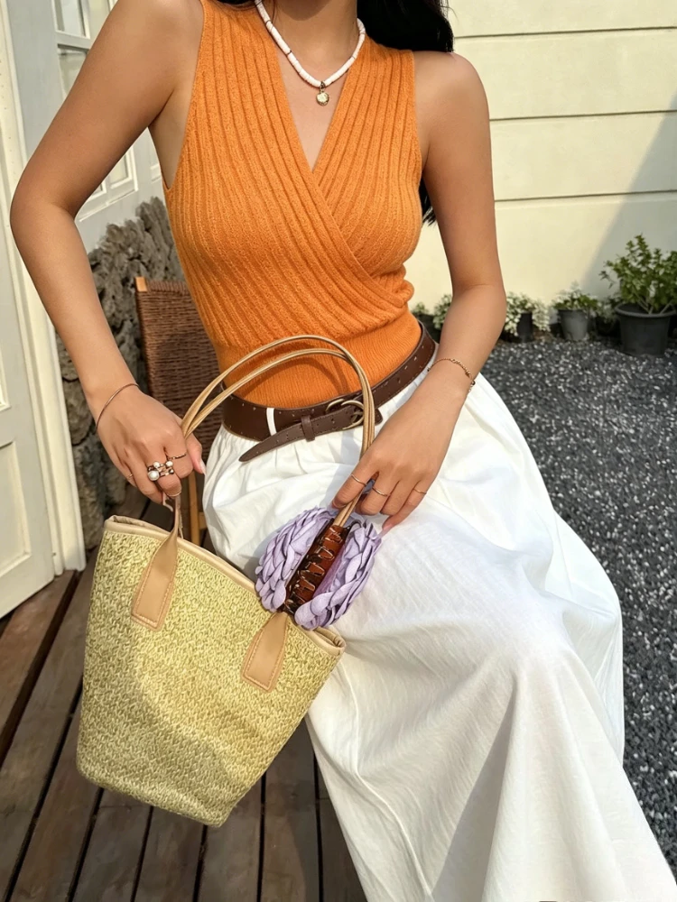 Summer Pure Desire Spice Girl Cross V-neck Sleeveless Sling Vest Knitted Sweater Design Feeling Waist and Thin Versatile Top