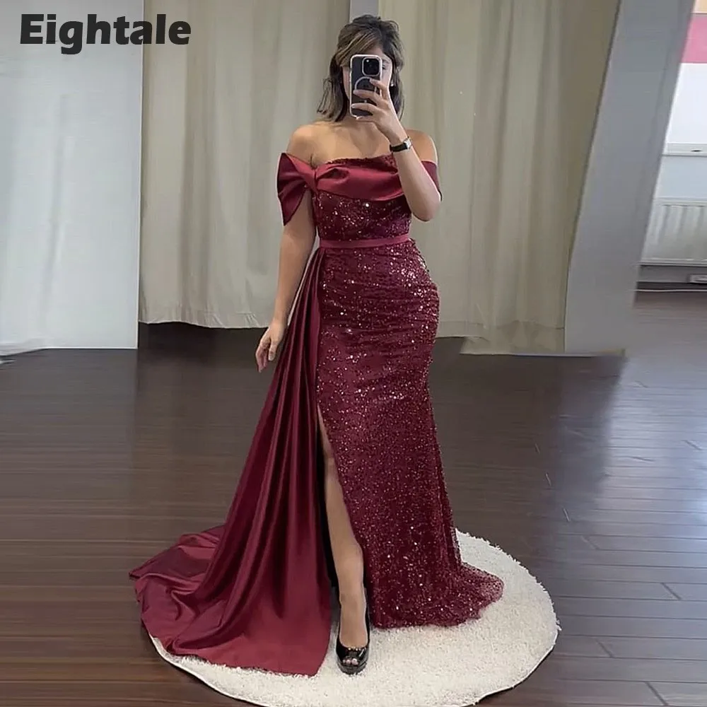 Eightale Luxury Evening Dresses Arabic off Shoulder Satin Burgundy Custom Made Color and Size Mermaid Prom Wedding Party Gown