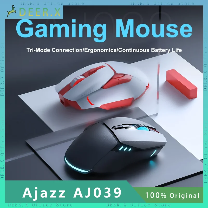 Ajazz AJ039 Wireless Mouse RGB Tri-mode Wired Bluetooth Mouse PAW3212 7 Buttons Customized Gaming Mouse Laptop Desktop