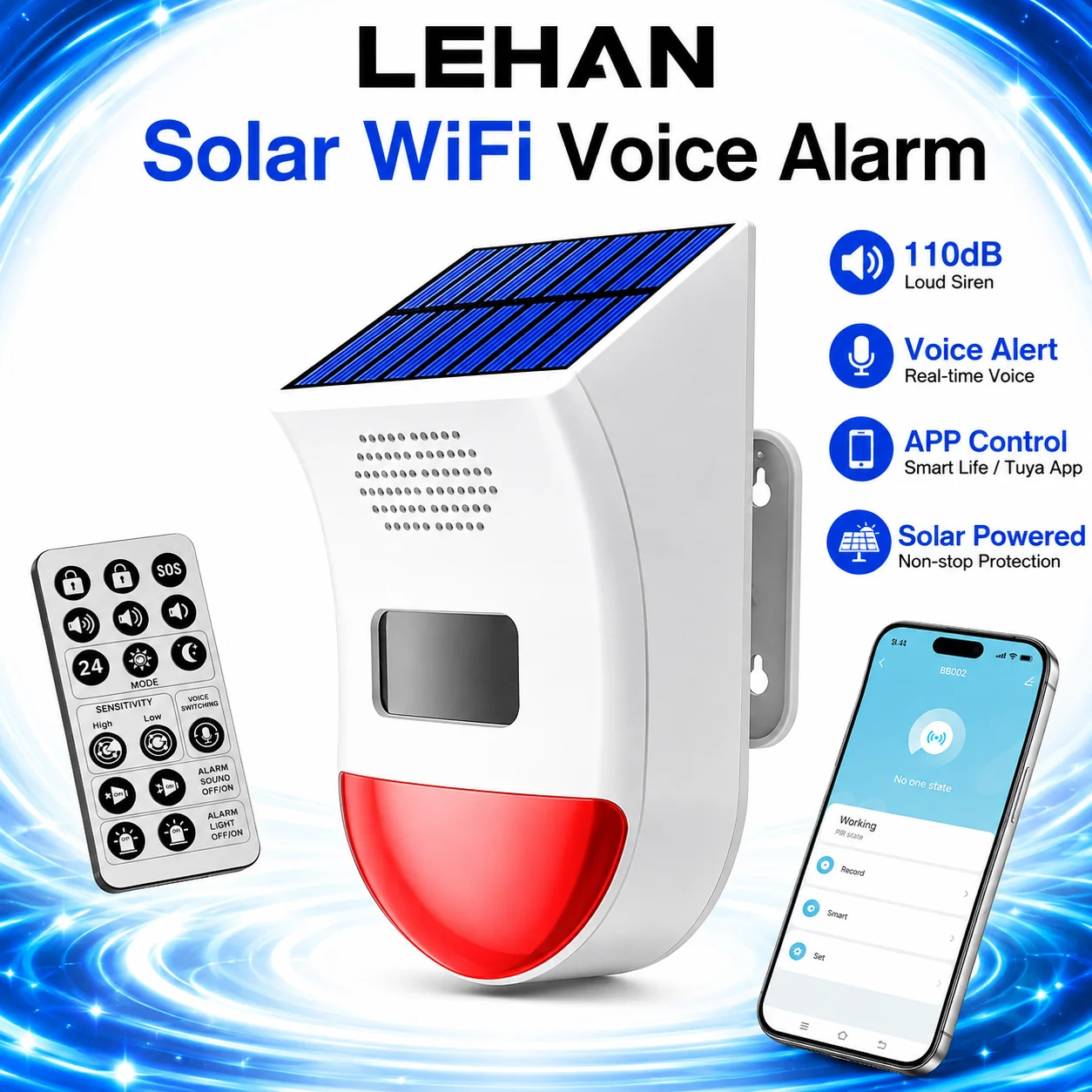 Solar WiFi Security Siren Voice Alarm PIR Detector APP Notification Outdoor Smart Alarm Compatible with Tuya