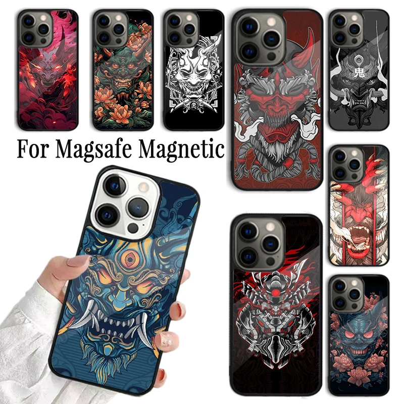 Phone Case For iPhone 16 15 14 13 12 Mini 11 Pro Max Plus Magsafe Magnetic Wireless Charging Cover Samurai Oni Mask