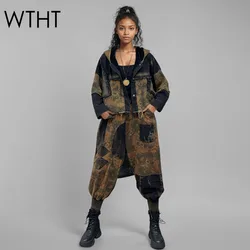 WTHT Vintage Print Design Fashion Women's Patchwork Denim Hooded Jacket Elastic Waist Lantern Jeans Female 2024 Winter 1LS678