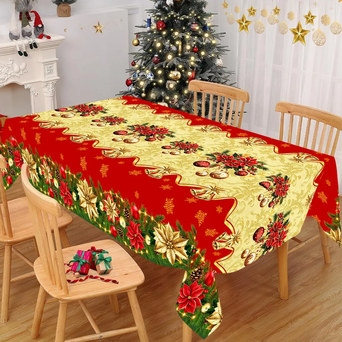 Christmas Tablecover 130*220cm Poinsettia Print Disposable Plastic Tablecloth Indoor Outdoor Home Party Decor Xmas Decorations