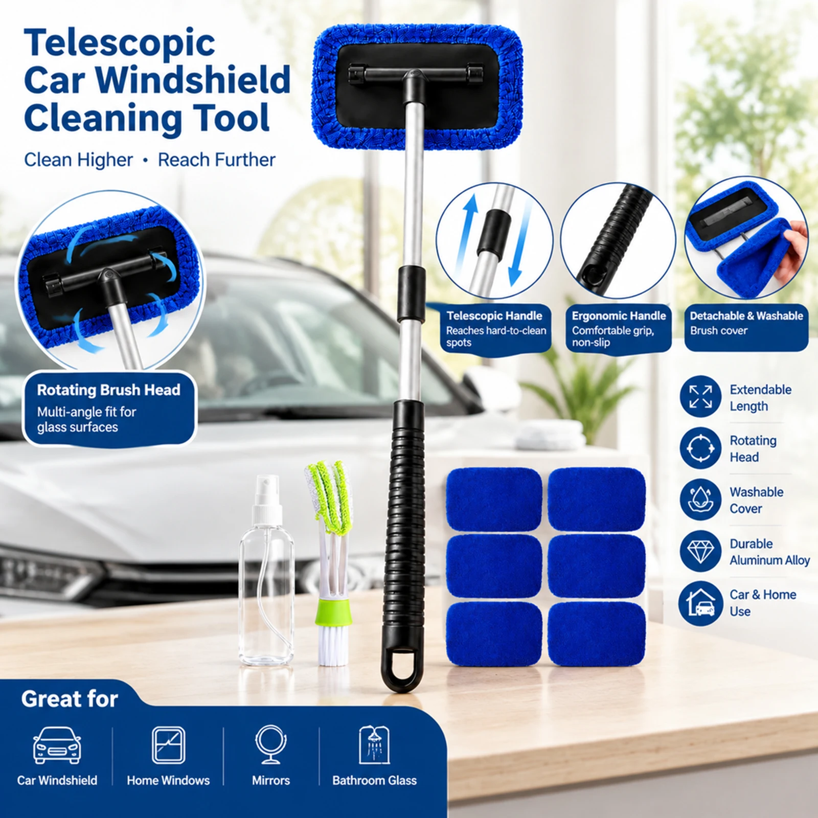 Car glass cleaning brush with 6 cloths, telescopic and adjustable, rotates and fits for dual use, won’t damage glass