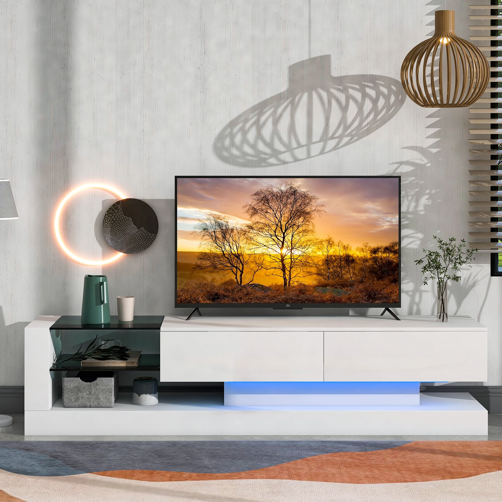

Подставка для телевизора, 16 цветов, RGB, с 2 шкафами для хранения медиа, современный яркий развлекательный центр для телевизора 75 дюймов, белый/черный [светодиодный]
