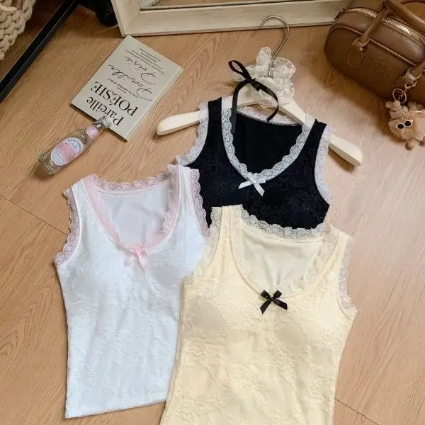 Sweet Lace Strap Vest Women's Slim Fit Fixed Chest Pad No Spill Cup Show Slimming Versatile Top Summer New Arrival