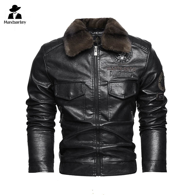 

New Men Leather Bomber Jacket Autumn Winter Retro Zipper Motorcycle Faux Fur Coat Male Thick Fleece Pilot Brown Pu Leather Coats