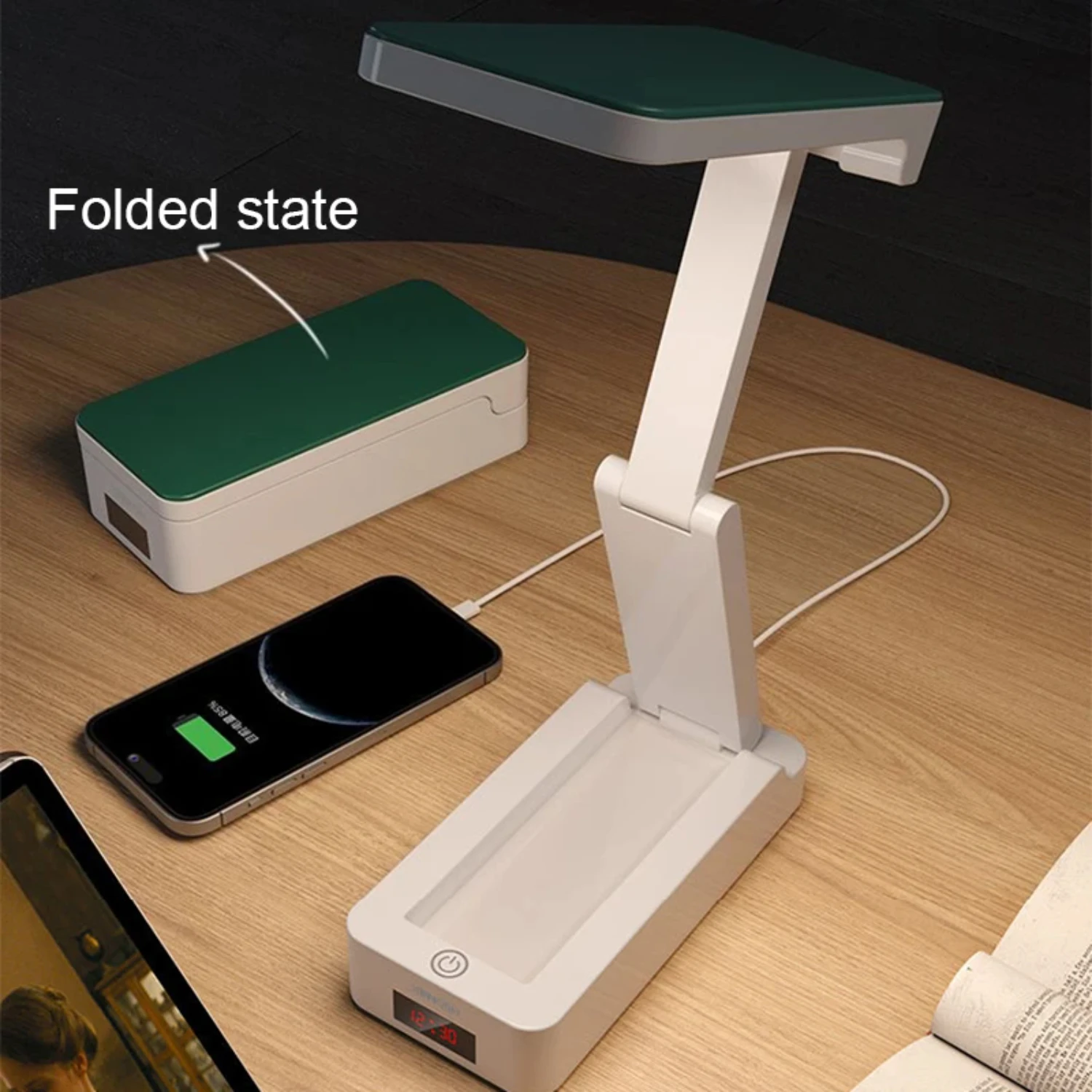 Portable Foldable LED Reading Light with Built-in Clock - Energy-saving Rechargeable Desk Lamp for Brighter Illumination - Compa