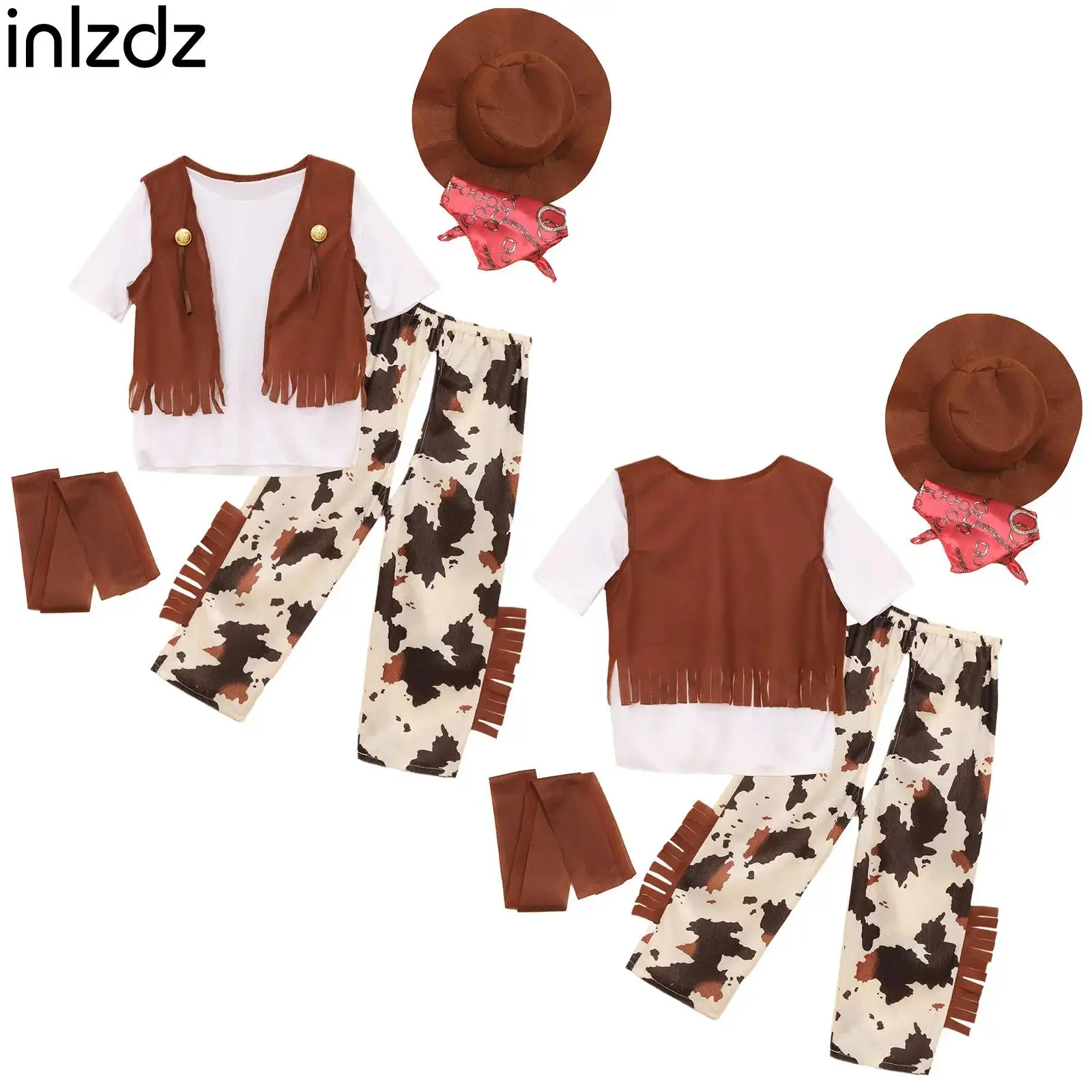 

Halloween Western Cowboy Bandanna Cosplay Costume for Boys Dress Up T-shirt Pants Vest Hat Bandana Waistband Performance Sets